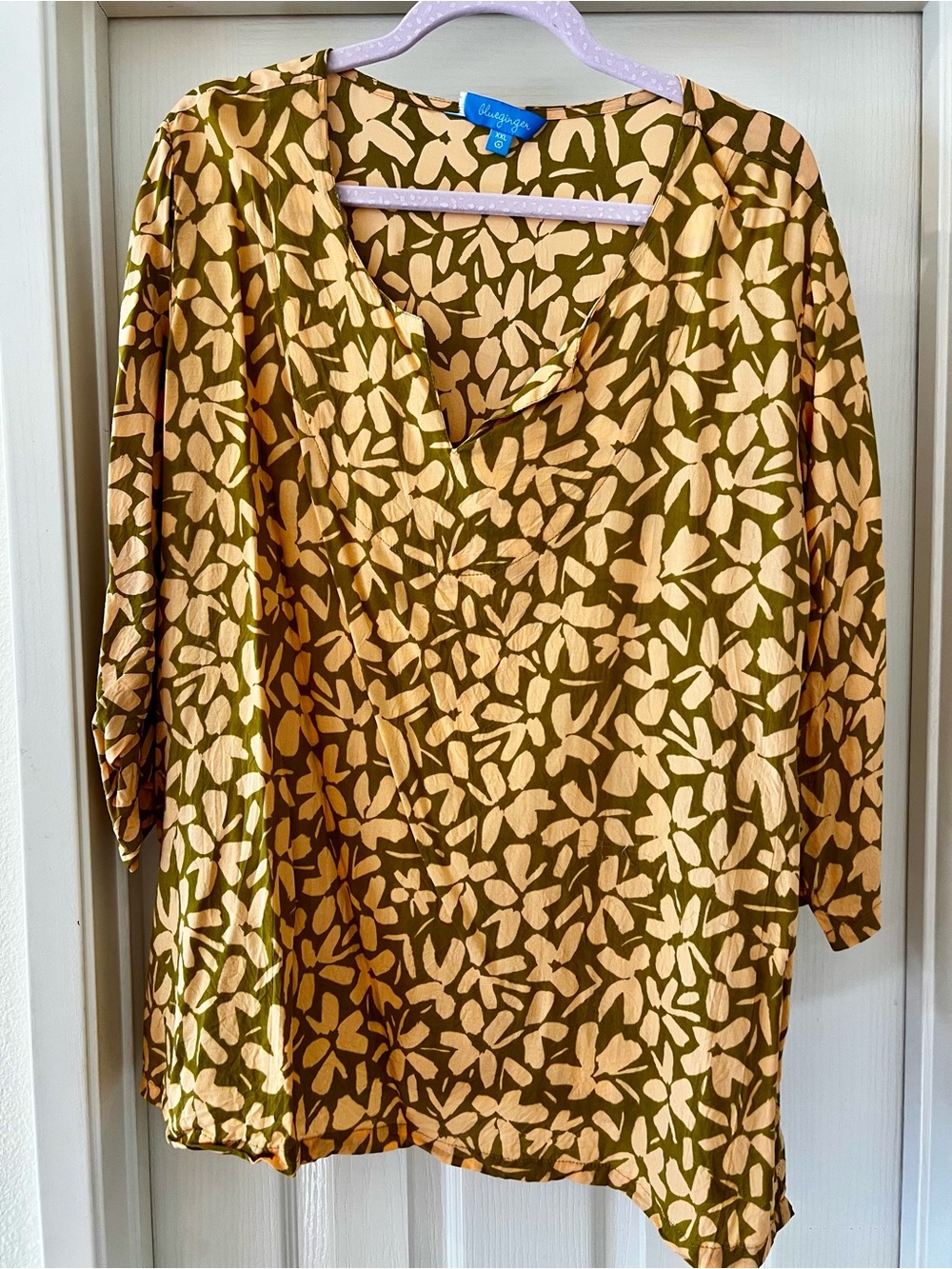 Blue Ginger Light Olive and Peach Floral V-Neck Women's Blouse
